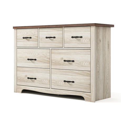 LINSY HOME 7 Drawer Double Dresser, SGS Certified Dresser for Bedroom, Farmhouse Dresser Chest with Wide Drawers, Wood Storage Chest of Drawers for Living Room LINSY HOME
