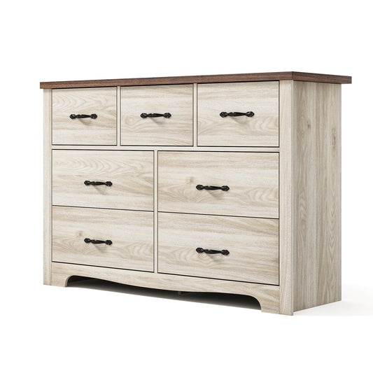 LINSY HOME 7 Drawer Double Dresser, SGS Certified Dresser for Bedroom, Farmhouse Dresser Chest with Wide Drawers, Wood Storage Chest of Drawers for Living Room - WoodArtSupply