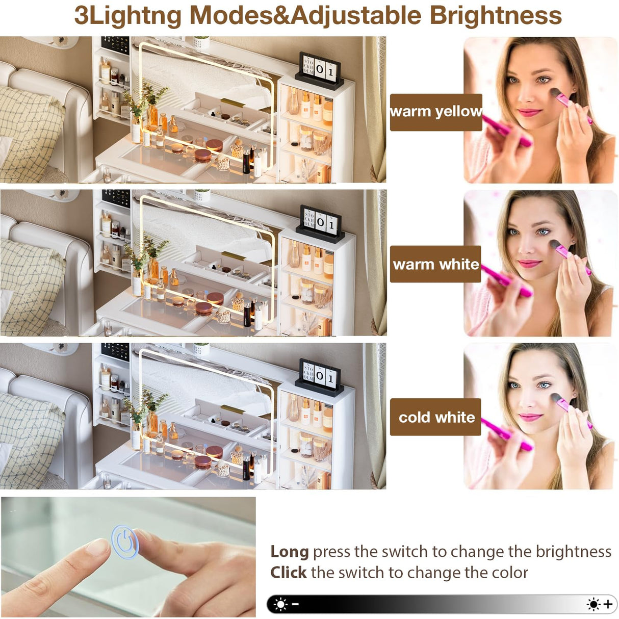 FURNJOYLIFE Makeup Vanity Desk with Mirror and Lights & Charging Station,Modern Glass Top Big Vanity Table with 5 Drawers,Sliding Storage Wall-Mounted Jewelry,3 Shelves for Bedroom,White FURNJOYLIFE