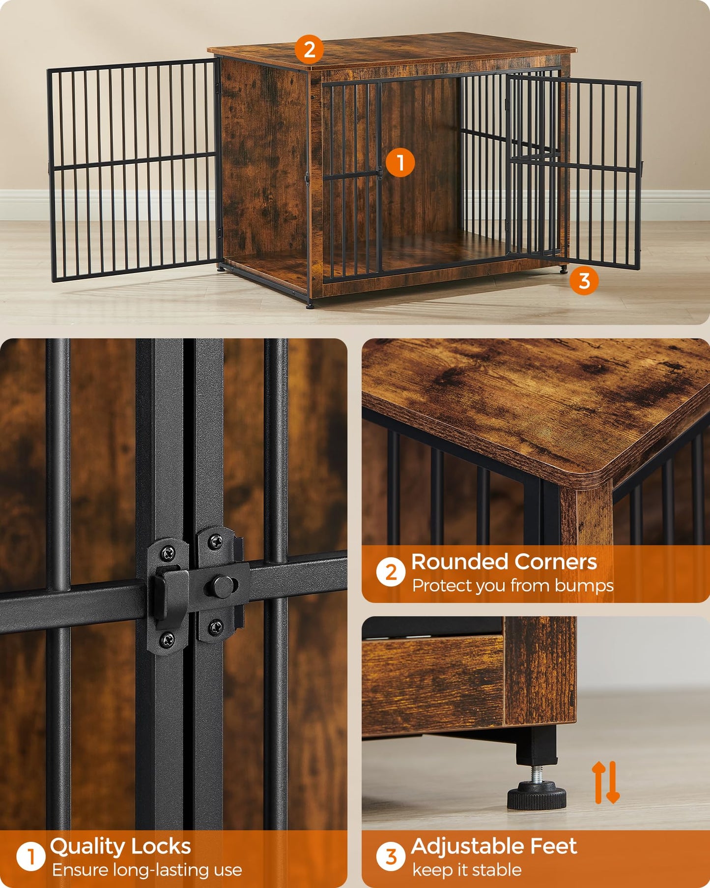 Feandrea Dog Crate Furniture, 43.3" Side End Table, Modern Kennel for Dogs Indoor up to 80 lb, Heavy-Duty Dog Cage with Enclosed Base, Double-Door Dog House, Rustic Brown UPFC024X01 - WoodArtSupply