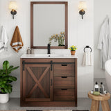 chartustriable 36 Inch Bathroom Vanity with Sink & Faucet & Mirror, Farmhouse Bathroom Vanity Cabinet Set with Sliding Barn Door & Drawers, Small Single Bath Storage Vanity Sink, Brown chartustriable
