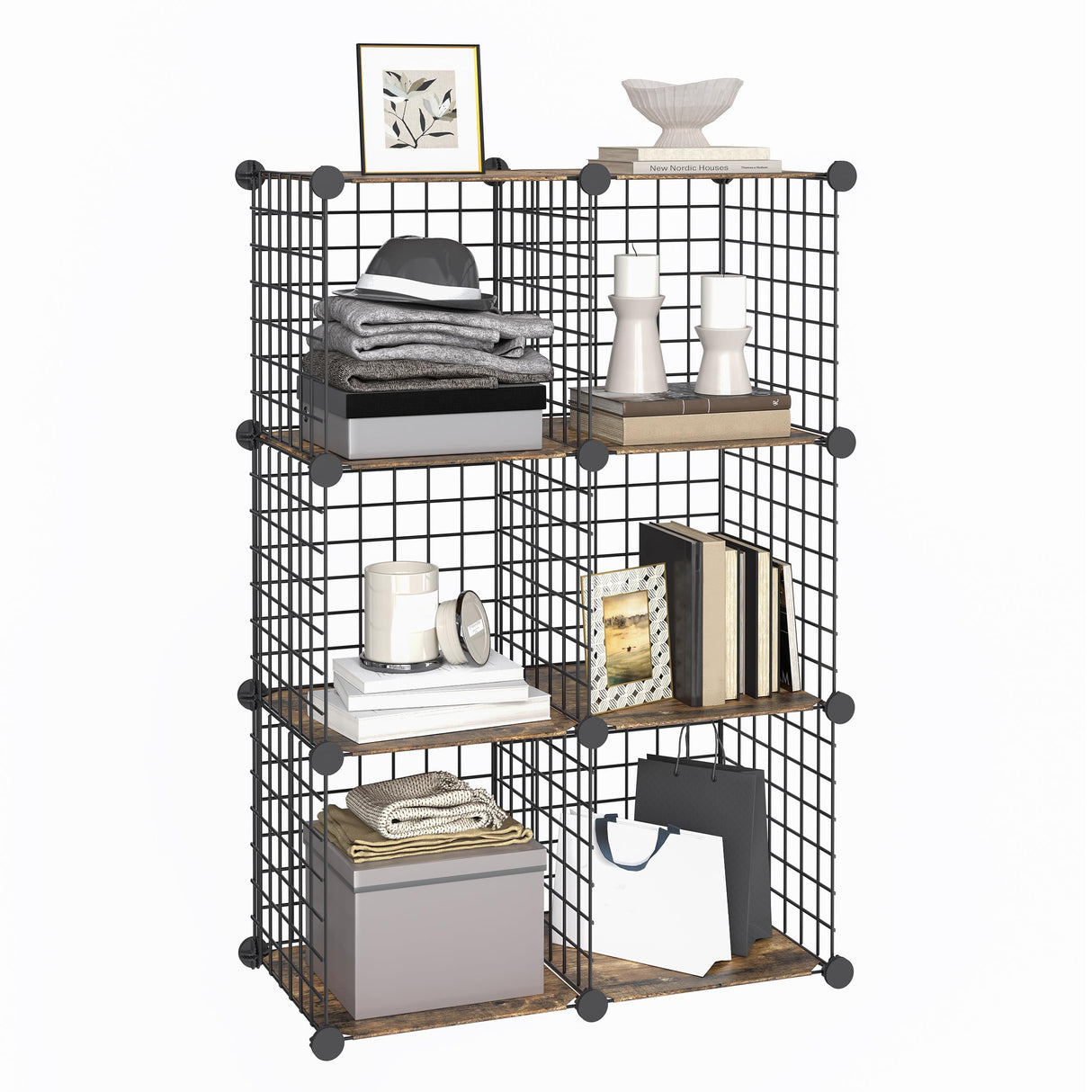 HOOBRO Cube Storage Organizer, Wire Cube Storage, 6-Cube Metal Grid Storage Shelf, Modular Cabinet, DIY Cube Bookshelf, for Living Room, Bedroom, Study, Rustic Brown and Black BF06CW01 HOOBRO