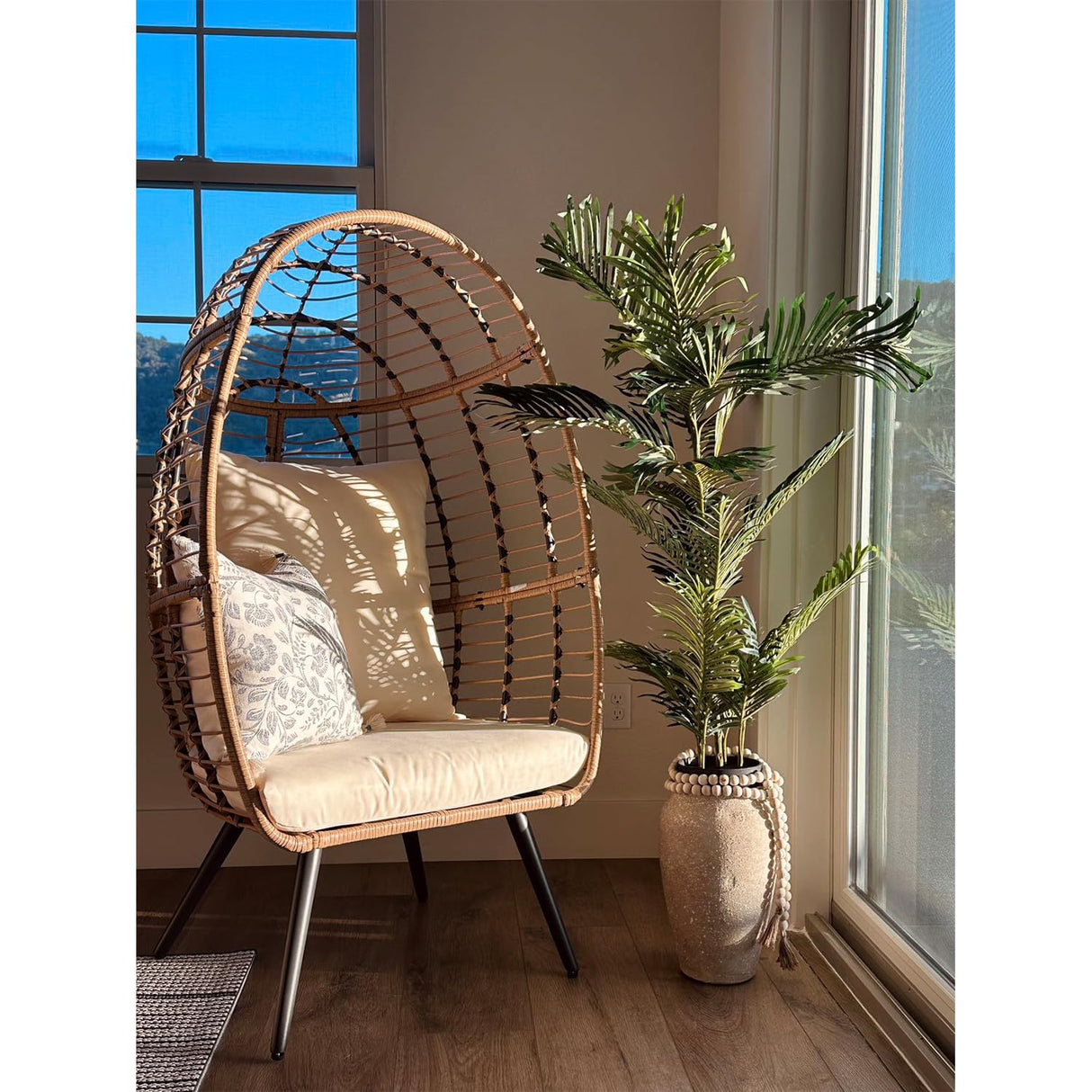 JOIVI Wicker Egg Chair, Oversized Indoor Outdoor Lounger Large Egg Basket Chair with Stand and Cushions for Patio Porch, Backyard, Living Room, Balcony (Beige Rattan, Creamy White Cushion) JOIVI