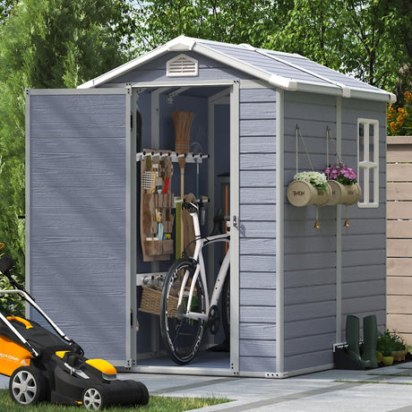 Aoxun 4'x6' Resin Outdoor Storage Shed Utility Tool Shed Storage House, Multi-Purpose Utility Tool House Applicable for Bike, Clutter Storage for Backyard, Patio - Gray Aoxun