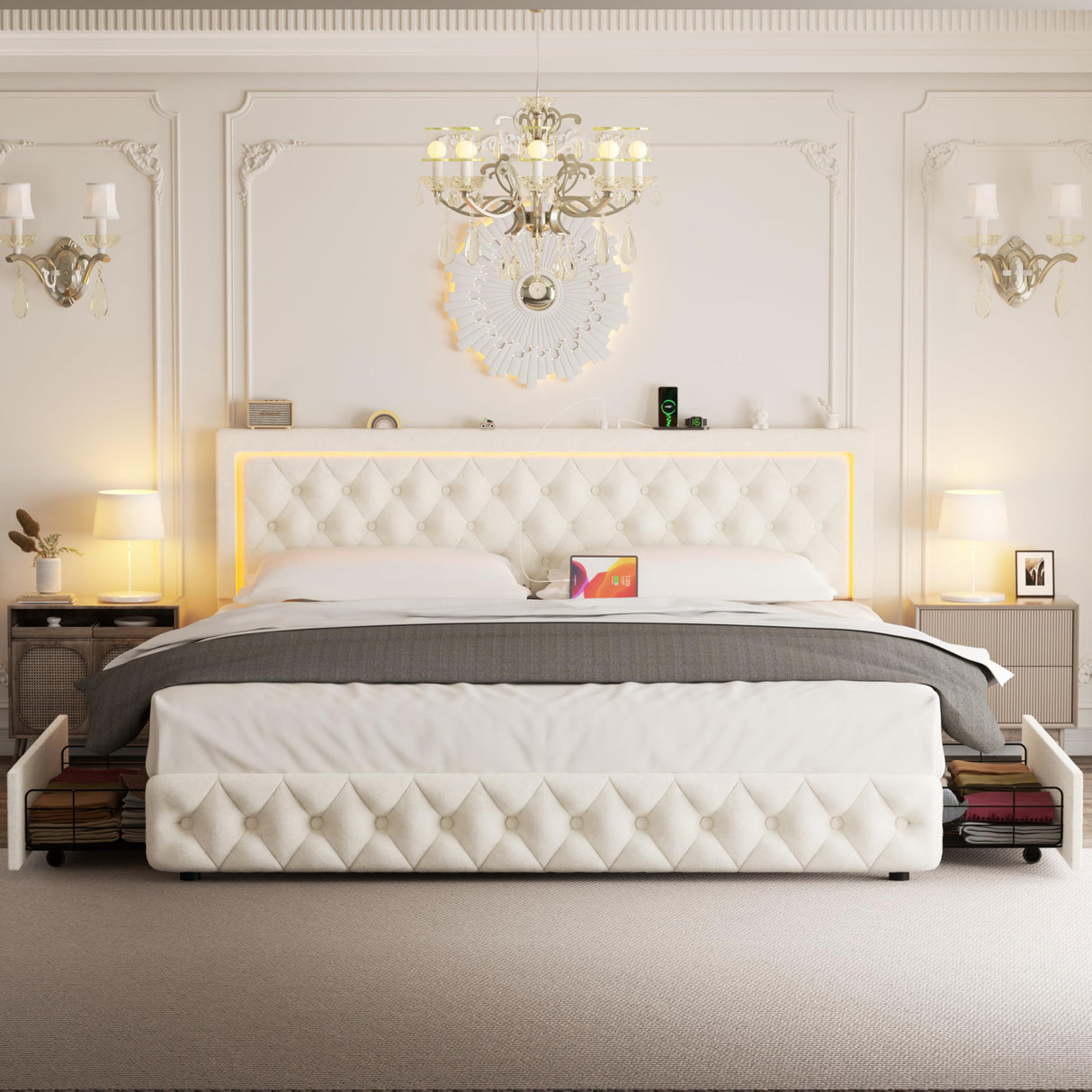 VOHOBY Queen Bed Frame with 4 Storage Drawers, Velvet Upholstered Bed Frame Queen Size with Charging Station and LED Lights, 46" Adjustable Button Tufted Headboard, No Box Spring Needed, Beige VOHOBY