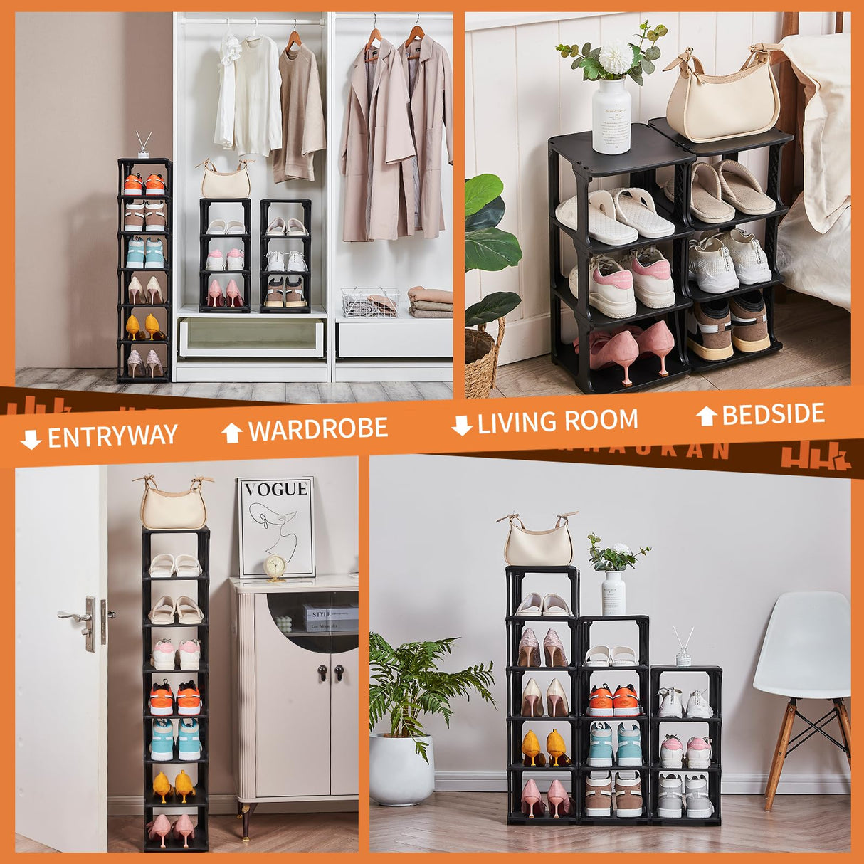 HHK HenHaoKan 5 Tiers Shoe Rack Organizer for Closet Shoe Holder Storage Narrow Plastic Vertical, Free Standing Shoe Rack Shelf for Entryway Stackable Stability DIY, Black HHK HenHaoKan