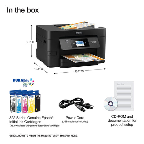 Epson Workforce Pro WF-3823 Wireless All-in-One Printer with Auto 2-Sided Printing, 35-Page ADF, 250-Sheet Paper Tray and 2.7" Color Touchscreen, Black Epson