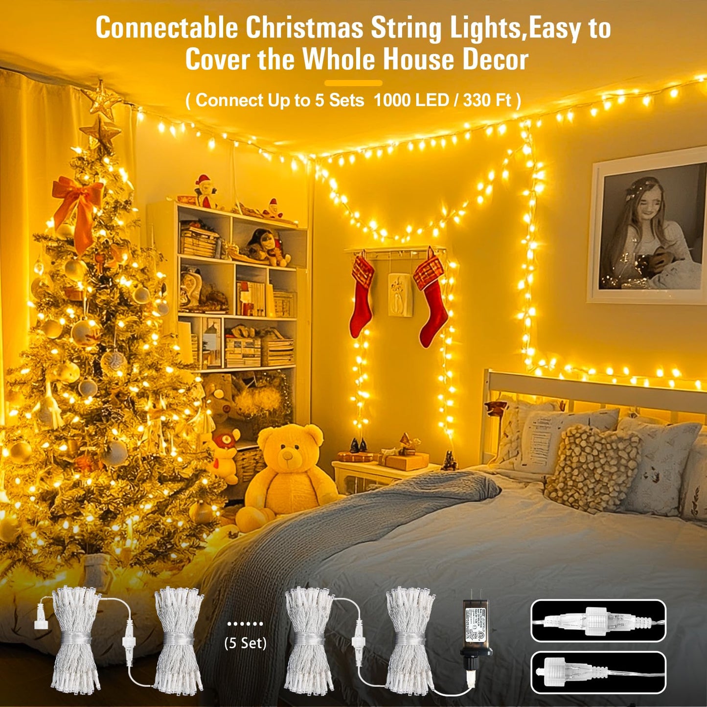 JMEXSUSS 200 LED Christmas Lights Indoor Outdoor, Connectable Warm White Christmas Tree Lights Clear Wire, 66 Ft Twinkle Fairy String Lights Plug in for Bedroom Wedding Christmas Tree Decorations