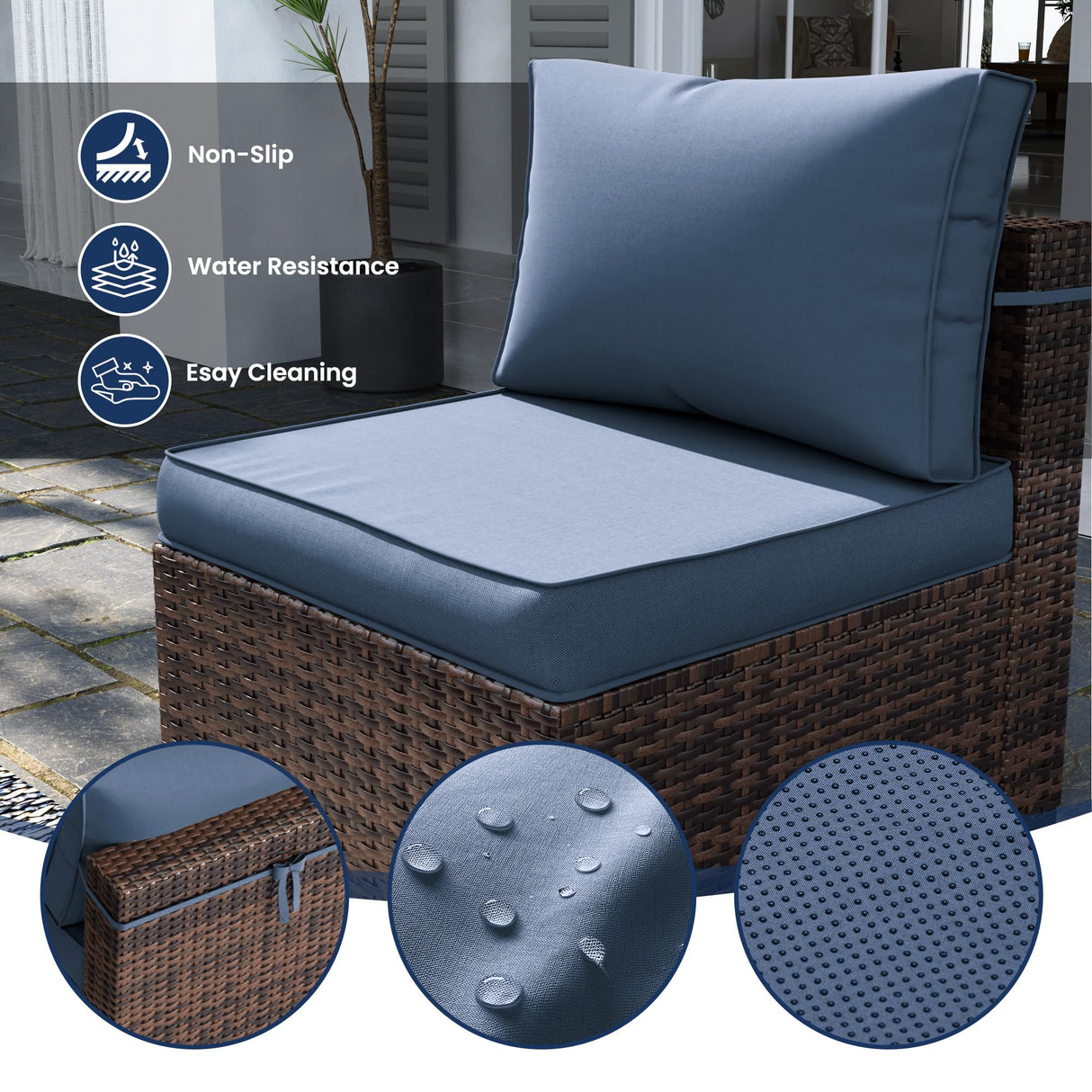 UDPATIO Patio Furniture Sets, Modular Rattan Outdoor Patio Sectional Furniture Sofa Set, Wicker Patio Conversation Set for Backyard, Deck, Poolside, 2PC Brown/Blue UDPATIO