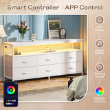 Huuger LED TV Stand for Bedroom, 55 Inch Fabric Dresser with Power Outlets, Entertainment Center for 60, 55, 50 Inch TV, 6 Drawer Dresser for Bedroom, Chest of Drawers with Shlef, PU Leather, White Huuger