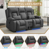 URRED Power Reclining Loveseat Sofa with Console, RV Couch Loveseat Recliner Sofa with Massage & Heat, LED Light, Cupholders, Bluetooth Speakers, USB Charge Ports, Outlets, Leathaire, Gray URRED