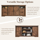 JXQTLINGMU Farmhouse TV Stand for 75+ Inch TV, 32" Tall Entertainment Center w/4 Drawers & Sliding Barn Door, Rustic Media Console w/Storage Shelves, 66" Wood Television Stand for Living Room, Brown JXQTLINGMU