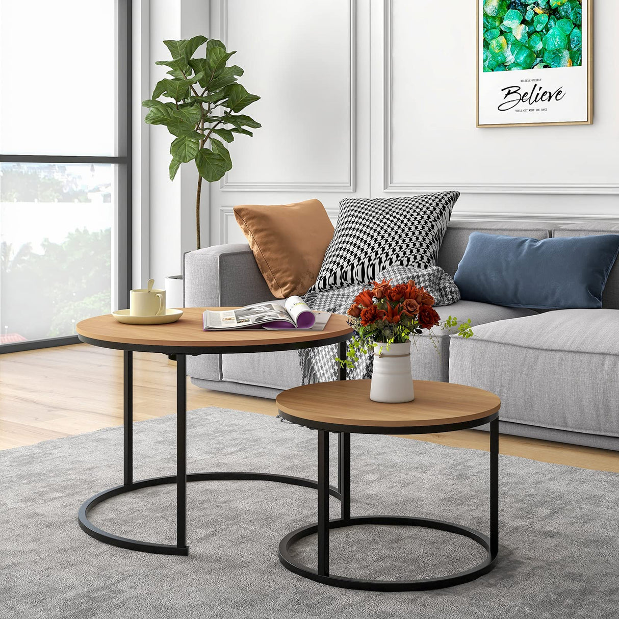 HOJINLINERO Industrial Round Coffee Table Set of 2 End Table for Living Room,Stacking Side Tables, Sturdy and Easy Assembly,Wood Look Accent Furniture with Metal Frame,Black+Teak OAKDK HOJINLINERO