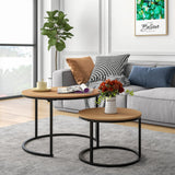HOJINLINERO Industrial Round Coffee Table Set of 2 End Table for Living Room,Stacking Side Tables, Sturdy and Easy Assembly,Wood Look Accent Furniture with Metal Frame,Black+Teak OAKDK HOJINLINERO