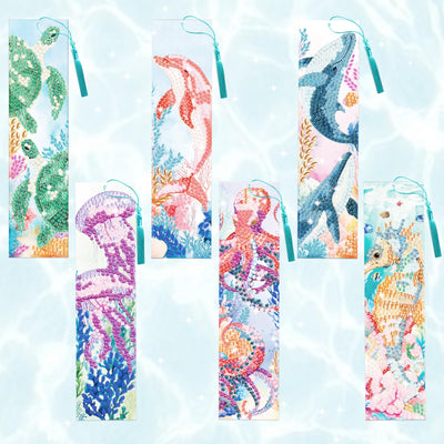 beinkmake 6Pcs Marine Animals 5D Diamond Art Bookmarks Turtle Dolphin Whale Diamond DIY Painting Bookmarks Rhinestones Beaded Acrylic Tassel Bookmark for Adult Beginner Crafts
