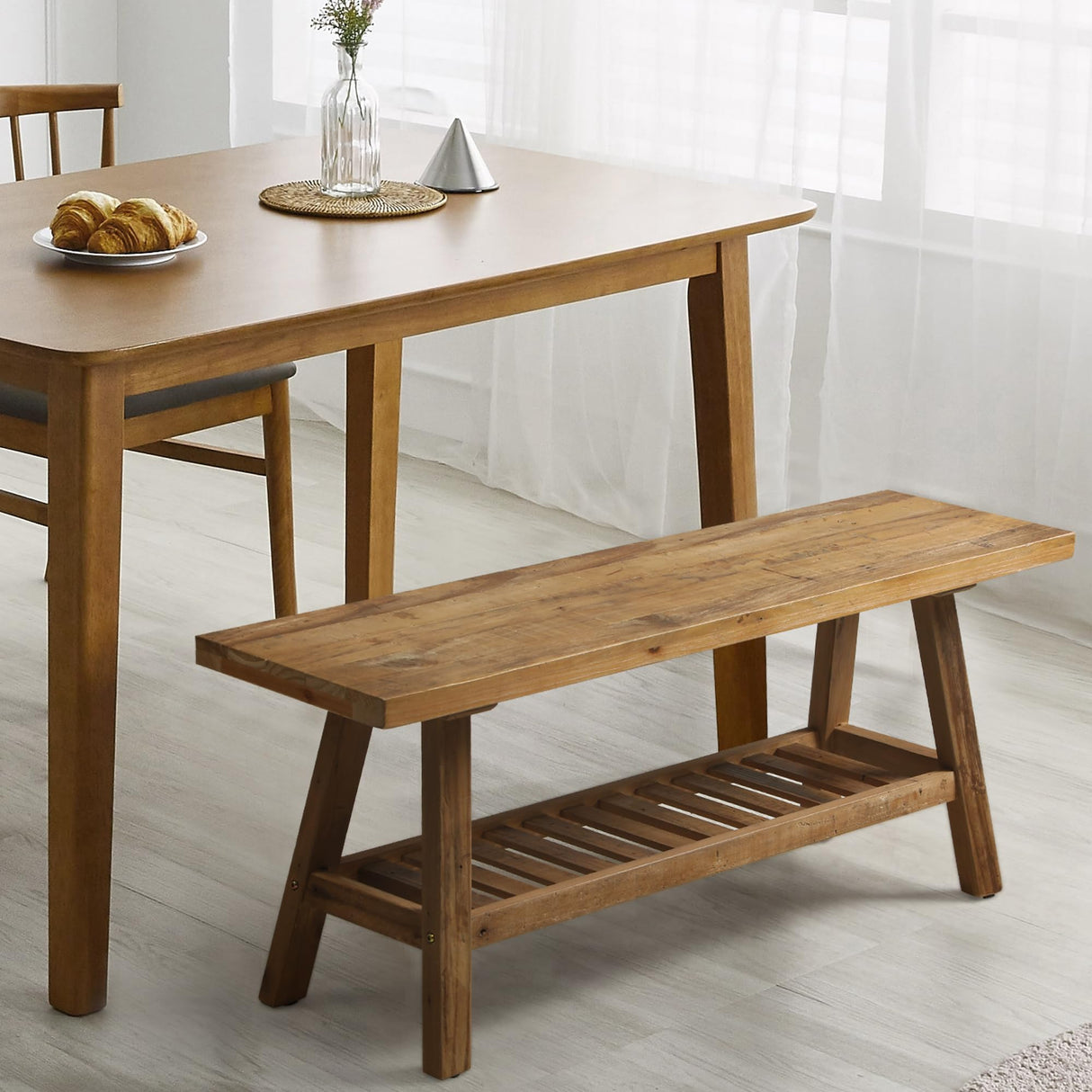 HOKYHOKY Reclaimed Solid Wood Bench-43.3" Farmhouse Entryway Bench with Storage Shelf, Narrow Rustic Bench for Hallway, Kitchen, Bedroom, Dining HOKYHOKY