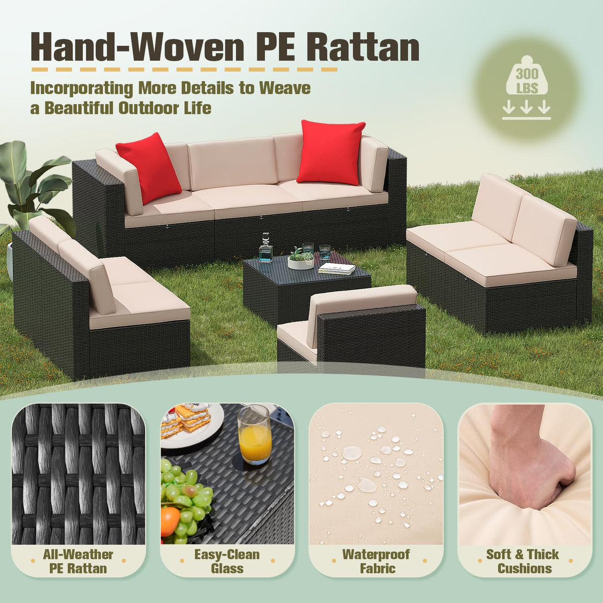 Greesum Patio Furniture Sets 9-Pieces Outdoor PE Rattan Sectional Sofa with Thickened Cushions and Glass Coffee Table,Beige Greesum