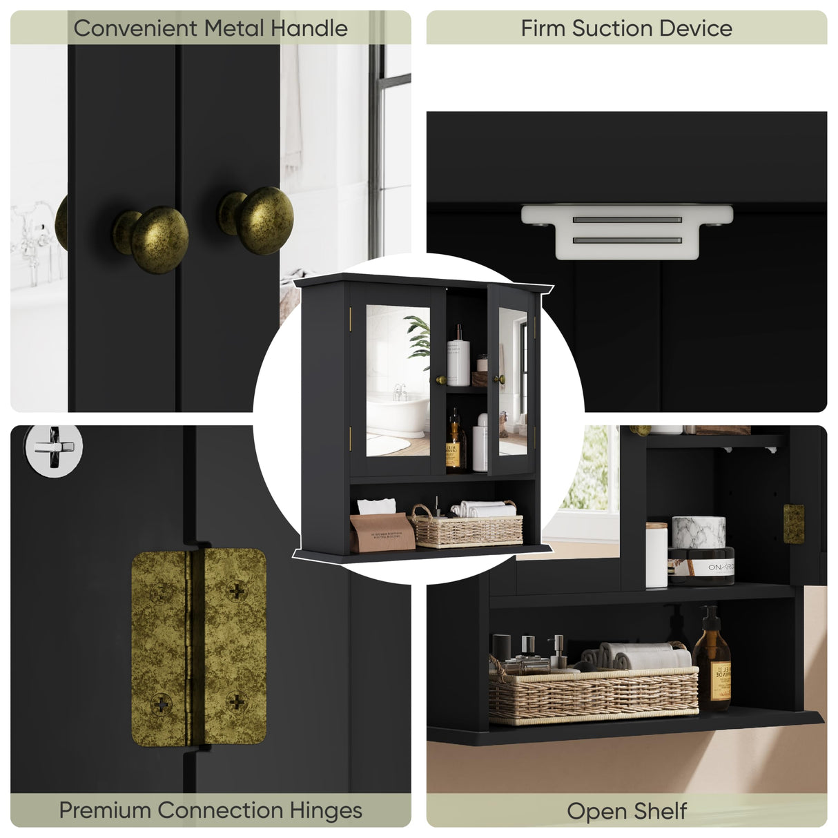 Smuxee Bathroom Wall Cabinet with Mirrors, Black Bathroom Medicine Cabinet with Adjustable Shelves, Over Toilet Cabinet for Bathroom Laundry Room Kitchen Smuxee