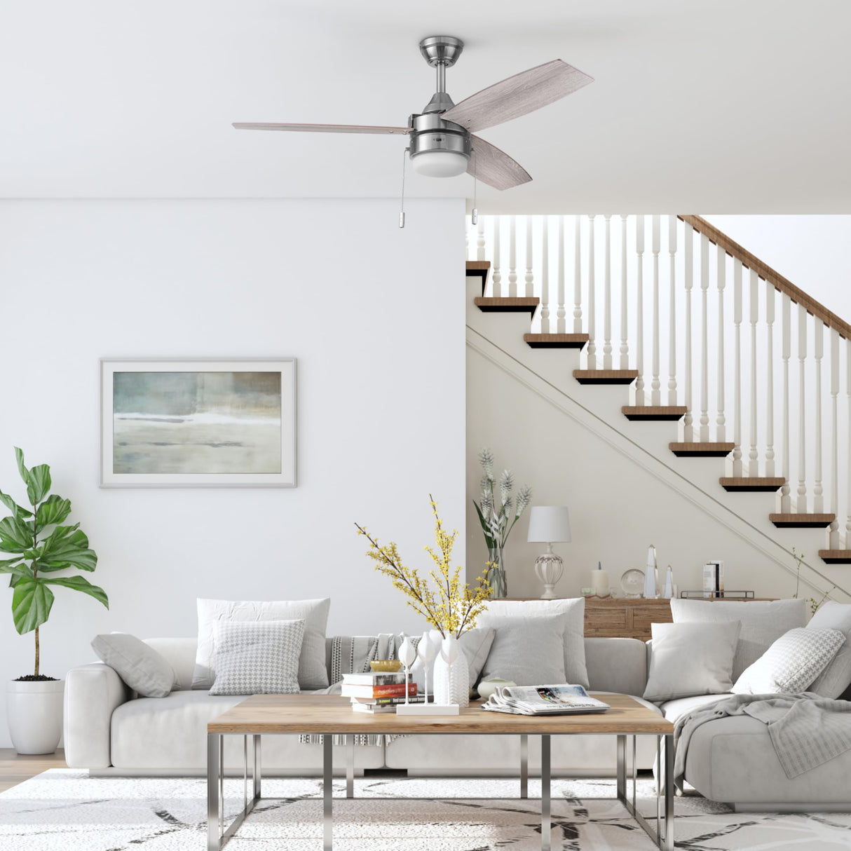 Honeywell Ceiling Fans Berryhill, 48 Inch Ceiling Fan with Color Changing LED Light, Pull Chain, Dual Mounting Options, 3 Dual Finish Blades, Reversible Airflow - 51857-01 (Brushed Nickel) Honeywell Ceiling Fans
