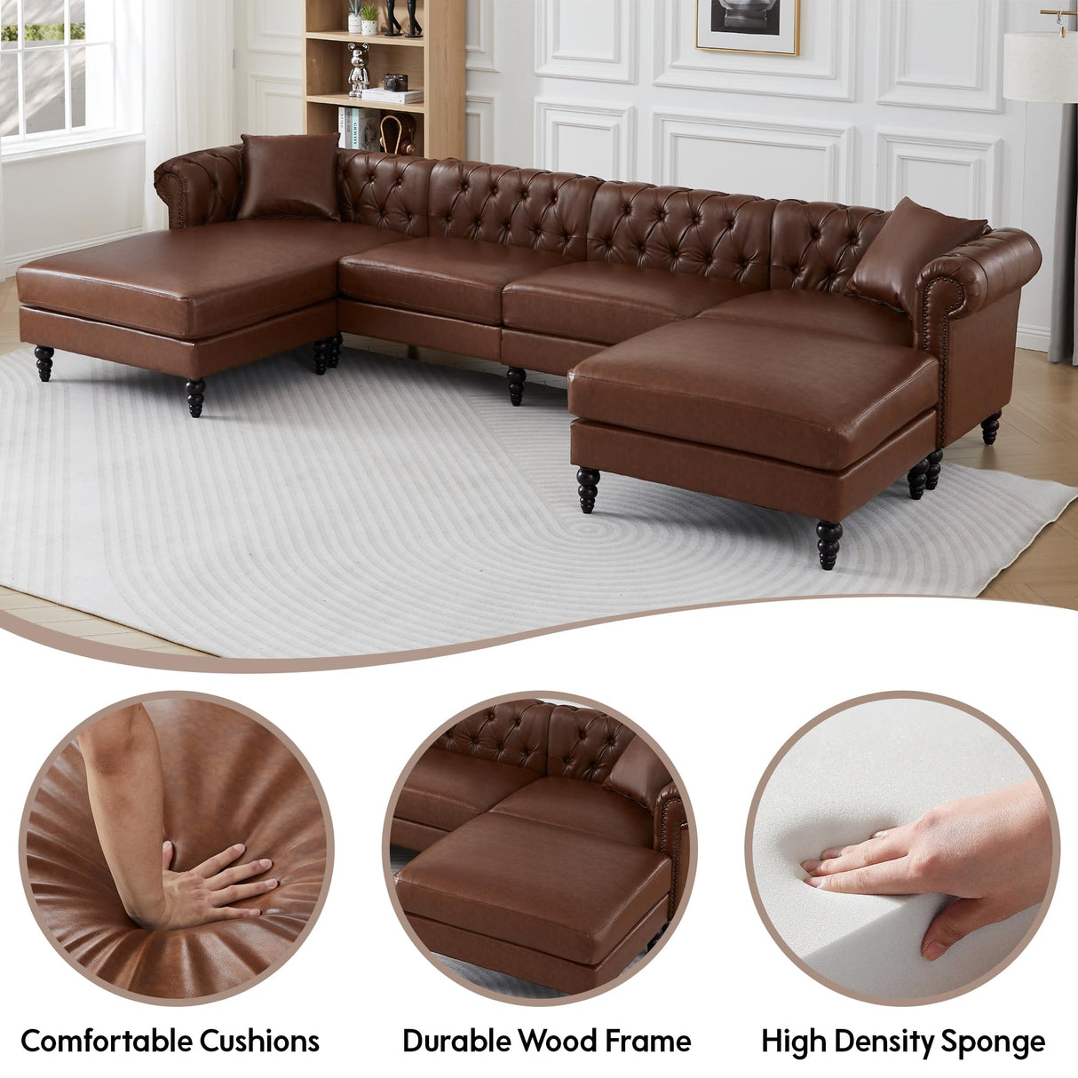 U Shaped Chesterfield Sofa, Oversized Sectional Faux Leather Couch, Chaise Ottoman Sofa Upholstered Accent Tufted Couch with Rolled Armrest and Nailhead for Living Room, Office - Brown ORRD