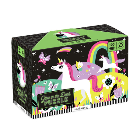 Mudpuppy Unicorns – 100 Piece Glow In The Dark Jigsaw Puzzle with a Wondrous Scene of Magical Unicorns and Hidden Hillside Details in the Dark Mudpuppy