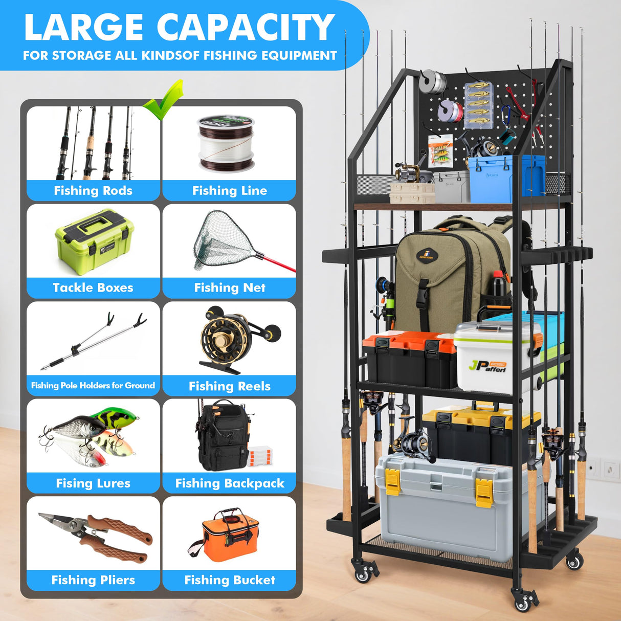 MUONM Fishing Rod Holders for Garage,Fishing Rod Rack with 3 Tier can Holds up to 12 Rods,Fishing Rod Organizer with Wheels for Outdoor and Indoor,Dark Black (Large) MUONM