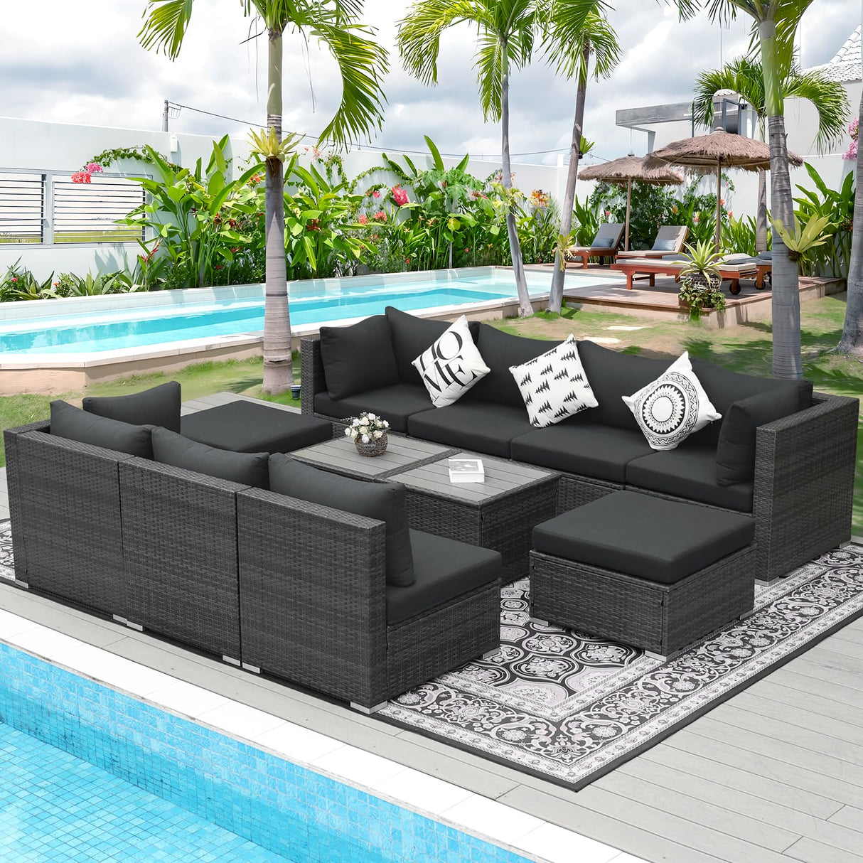 NICESOUL® 11 Piece Large Size PE Rattan Outdoor Patio Furniture Sectional Sofa Sets with Side Tables Outdoor Wicker Conversation Sets Modern Luxury 29.3'' High Back Dark Gray NICESOUL