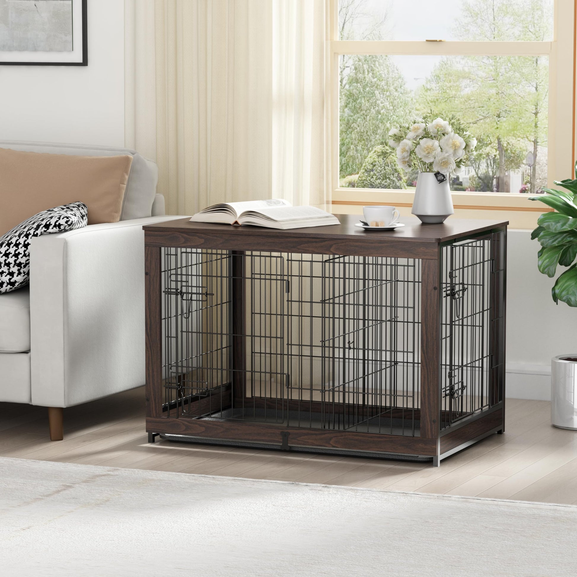 Piskyet Wooden Dog Crate Furniture with Divider Panel, Dog Crate End Table with Fixable Slide Tray, Double Doors Dog Kennel Indoor for Large Dogs(L:37.8 * 25.1 * 26.3inch,Brown Walnut) - WoodArtSupply