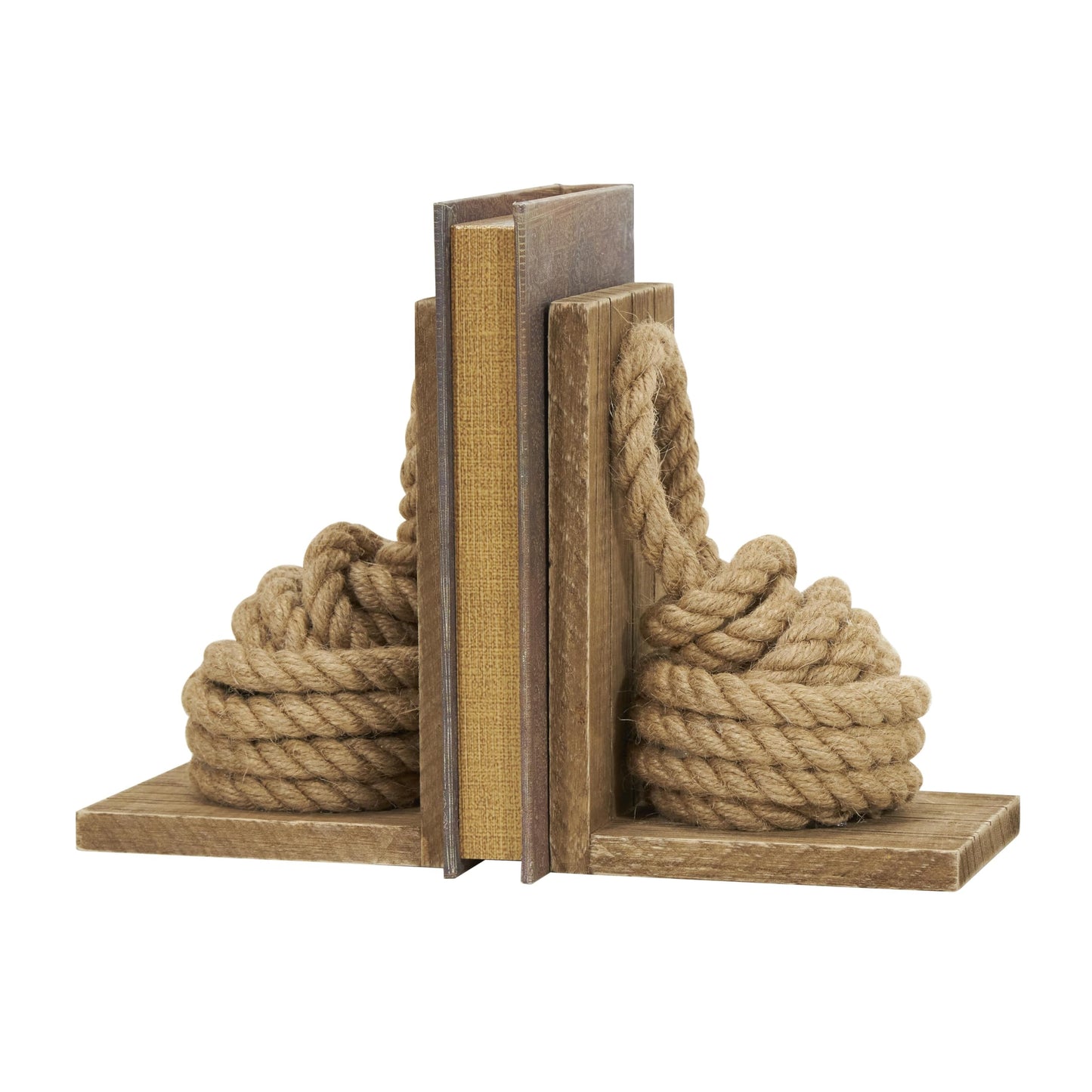 Deco 79 Wood Knot Decorative Bookends Rope Non Skid Bookends with Distressed L-Shaped Stands, Set of 2 Office Bookends5 W, 7" H, Brown