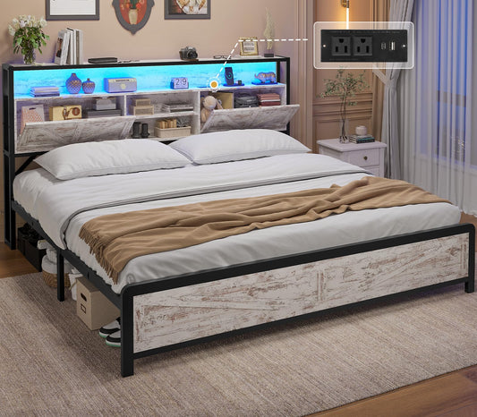 ADORNEVE King Size Bed Frame with RGB LED Lights & Hidden Storage Headboard, King Metal Platform Bed with Type-C Charging Station,Bookcase Storage, No Box Spring Needed, Washed Oak Grey