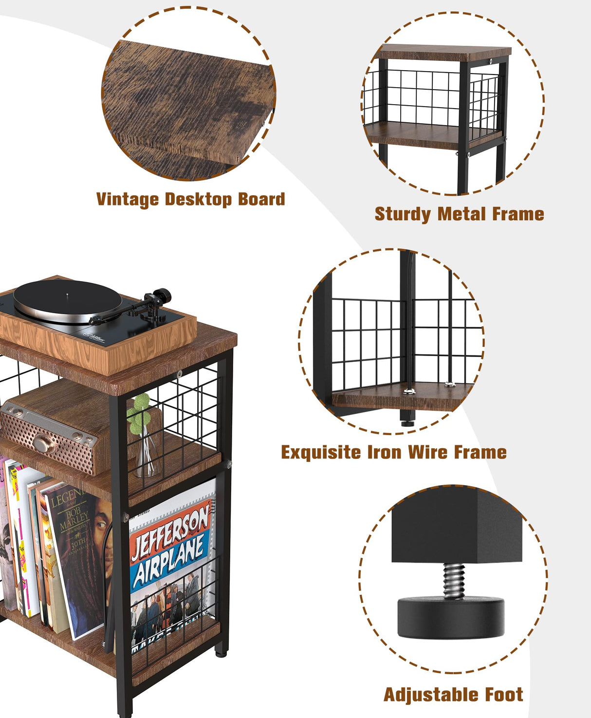 Tuohours Record Player Stand, 3 Tier End Table with Double Layer Iron Wire Mesh Turntable Stand Vinyl Record Table Storage Up to 100 Albums, Nightstand Small Side Table for Living Room Bedroom, Black Tuohours