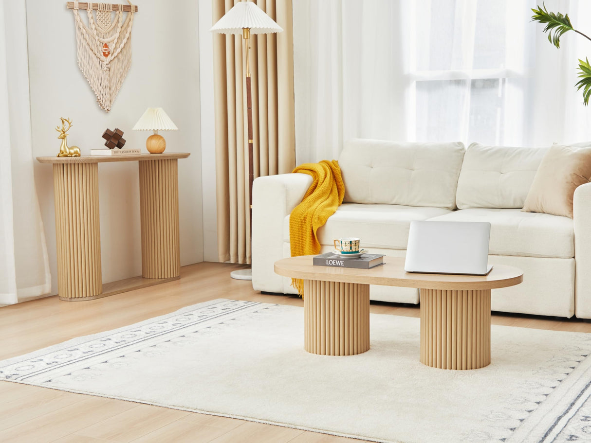 AVZEAR Fluted Oval Coffee Table for Living Room, Boho Modern Coffee Table with Fluted Legs, Curved Round Wood Center Table for Home, Small Spaces, Office, Natural Color(39.38" x 19.69" x 13.78") AVZEAR