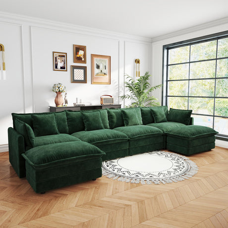 Ravy Concept Sectional Sofa 4 Seater with Movable 2 Ottomans,Oversized Modular Couch Deep Seat (Green, 146.5 inch-U) Ravy Concept