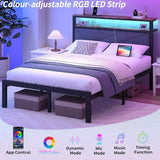 ChicZhiNest Full Bed Frame with Charging Station, LED Lights, Heavy Duty Metal Slats, Headboard with Upholstered Back and Storage Shelves, No Box Spring, Noise-Free, Easy Assembly, Dark Gray ChicZhiNest