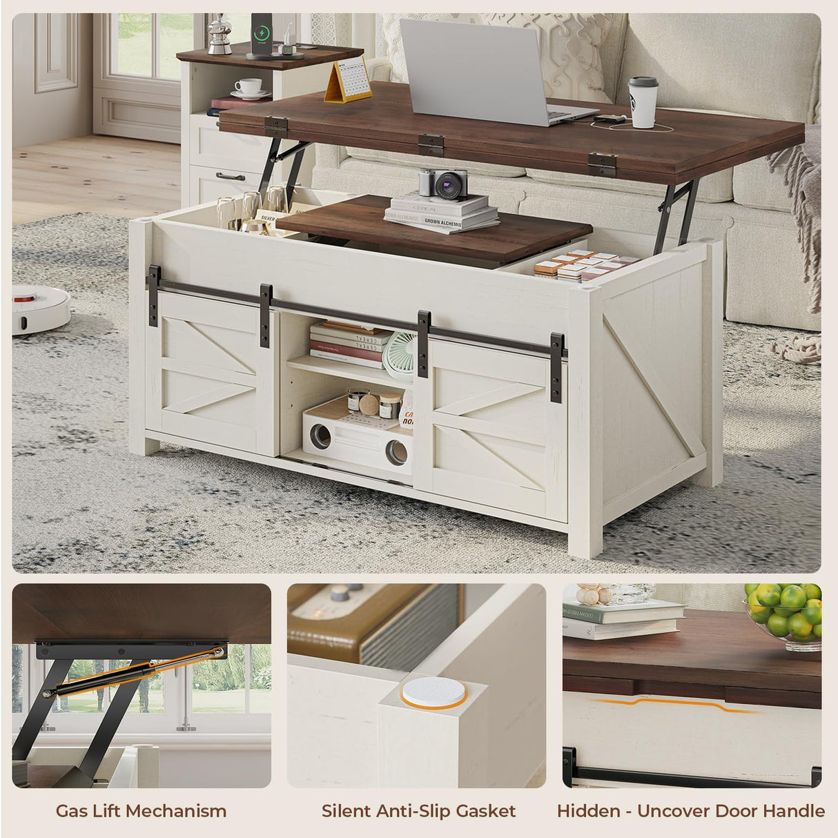 UPOSOJA Lift Top Coffee Table for Living Room with 4 Sliding Barn Doors, 4 in 1 Farmhouse Coffee Table with Adjustable Shelves and Hidden Storage Compartment, Converts to Dining Table (Brown White) UPOSOJA