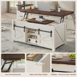 UPOSOJA Lift Top Coffee Table for Living Room with 4 Sliding Barn Doors, 4 in 1 Farmhouse Coffee Table with Adjustable Shelves and Hidden Storage Compartment, Converts to Dining Table (Brown White) UPOSOJA