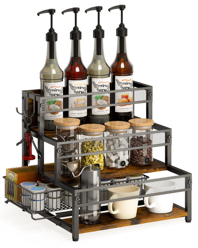 LOTEYIKE 3 Tier Coffee Syrup Rack Organizer, 12 Water Bottles Holder Stand Liquor Cabinet Storage Shelves, Wine Rack Countertop Storage Rack Coffee Bar Cabinet for Kitchen