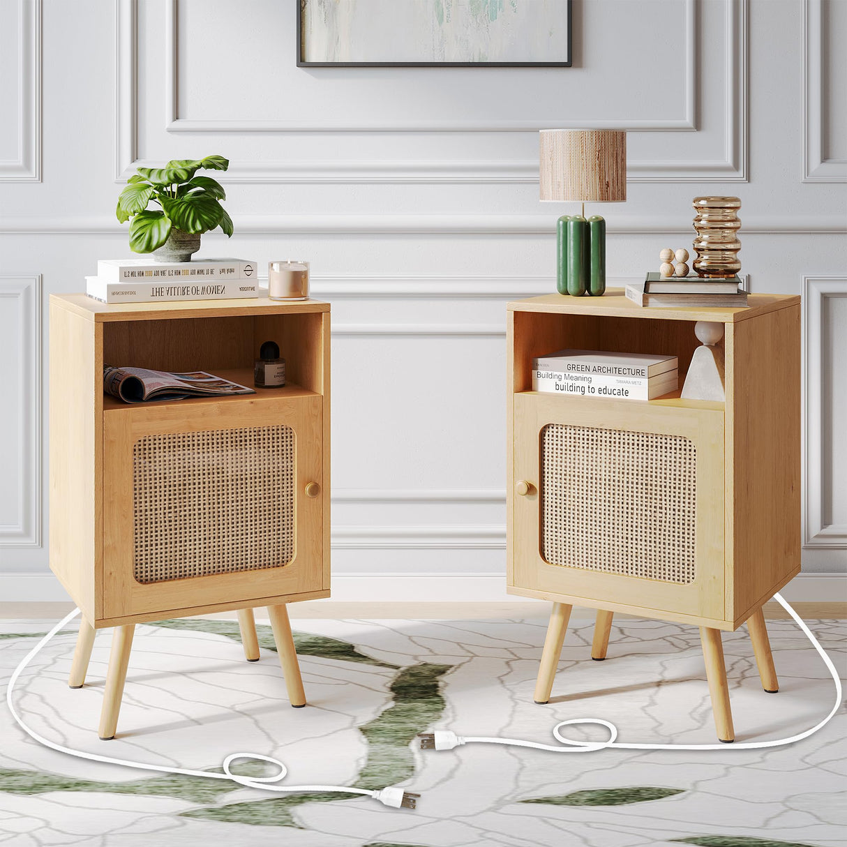 Buytime Nightstands Set of 2 with Charging Station, Boho Bedside Tables with Solid Wood Feet, Mid Century Side Table with Rattan Decorated Drawer, End Table with Storage for Bedroom, Natural, 2 Pack Buytime