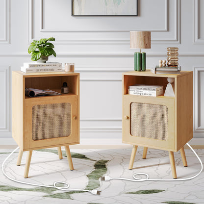 Buytime Nightstands Set of 2 with Charging Station, Boho Bedside Tables with Solid Wood Feet, Mid Century Side Table with Rattan Decorated Drawer, End Table with Storage for Bedroom, Natural, - WoodArtSupply