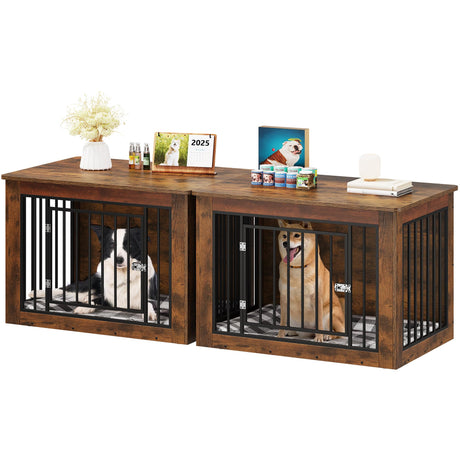 YITAHOME 76 Inch Double Dog Crate Furniture, XXL Dog Crate Furniture for 2 Dogs, Side End Table, Waterproof, Safety Corners, 2-in-1 Iron-Wood Fusion Dog Kennel Furniture for 2 Large Dogs,Rustic Brown YITAHOME
