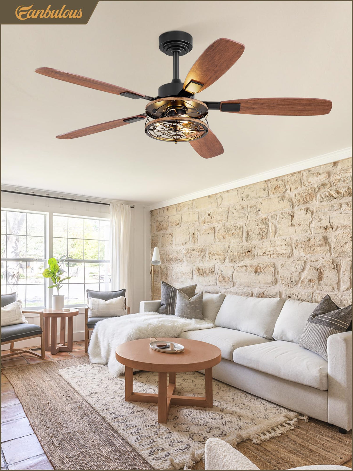 52 Inch Farmhouse Ceiling Fan with Light and Remote, Black Industrial Caged Flush Mount Ceiling Fans with 6 Speed Reversible Motor and Dual Finish 5 Blades, Rustic Ceiling Fan for Living room, Bedroom Fanbulous