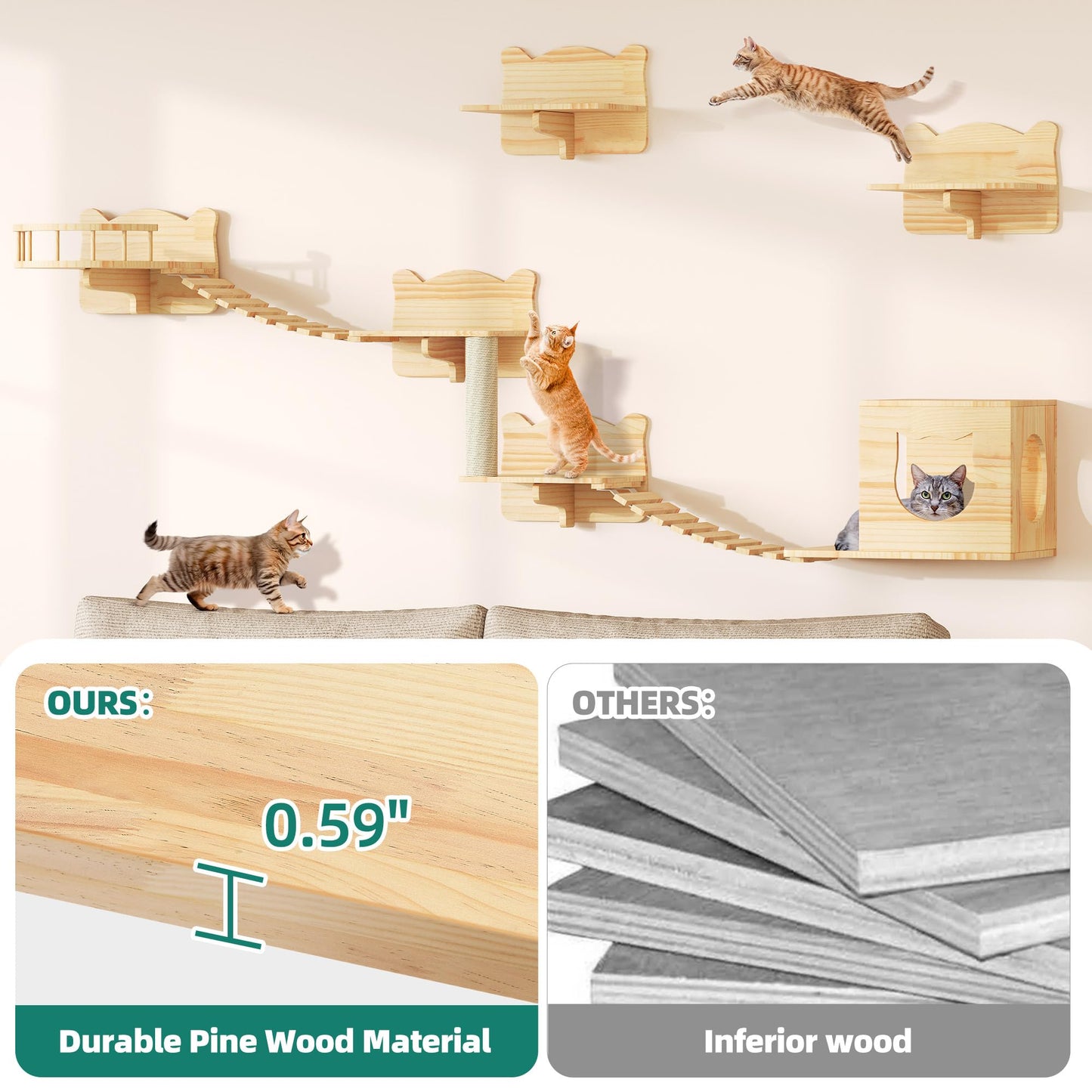 YITAHOME Cat Wall Shelves and Perches for Wall, Solid Wood Wall Mounted Cat Furniture 9 Piece Set, Cat Climbing Shelves Playground Scratching Post with 4 Steps Indoor Mounted Condos House