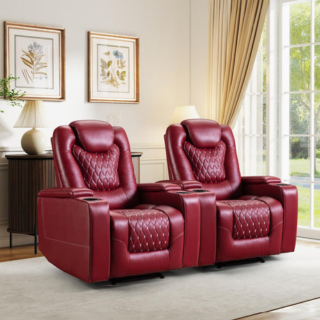 ANJ Power Recliner Chair with USB Ports and Cup Holders - Overstuffed Electric Home Theater Seating PU Leather Reclining Furniture with Hidden Arm Storage, Easy to Clean (Set of 2, Red) ANJ