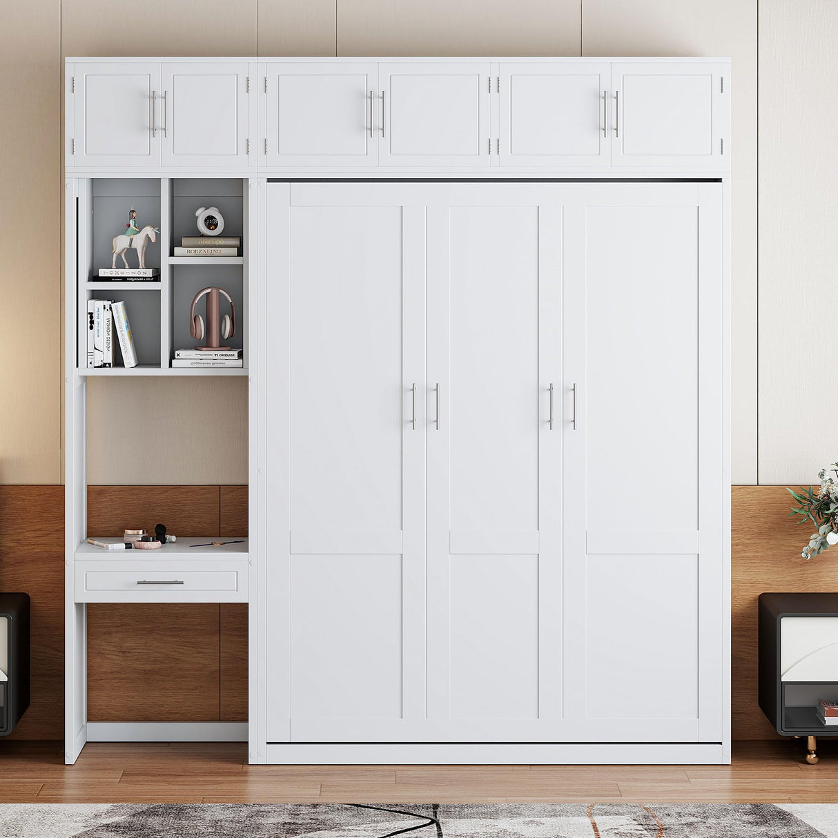 P PURLOVE Wood Queen Murphy Bed with Desk, Modern Wall Bed with Top Cabinet and Storage Shelves, Space Saving, No Box Spring Needed (White) P PURLOVE