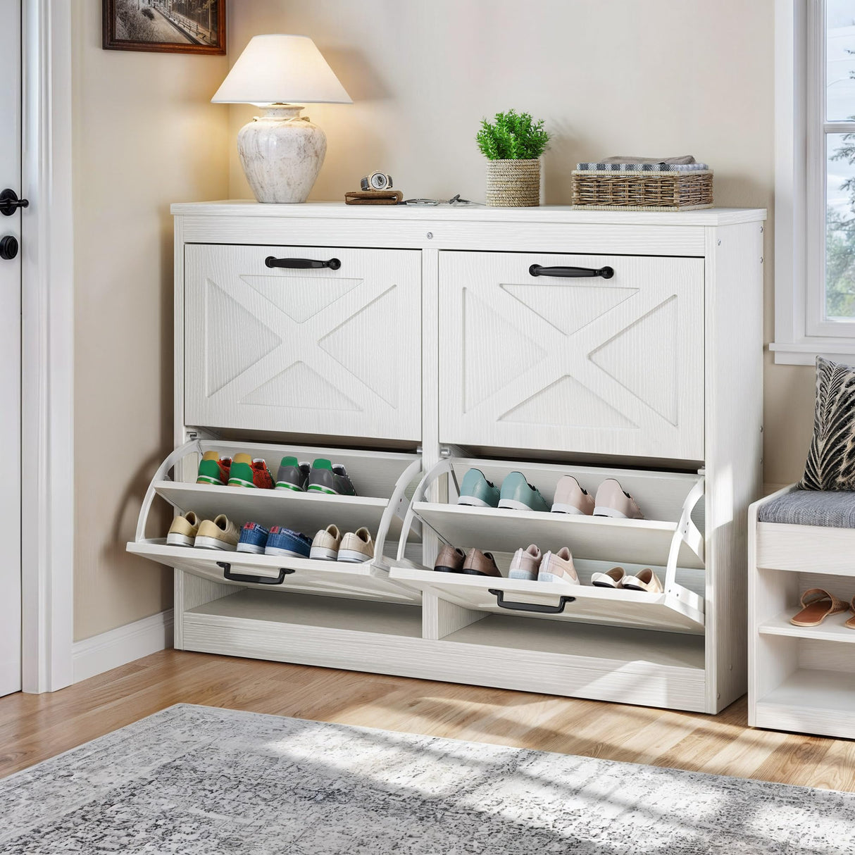 YITAHOME Shoe Cabinet with 4 Flip Drawers, Freestanding Shoe Rack, Shoe Organizer, Narrow Shoe Cabinet for EntryWay Hallway Living Room, White YITAHOME