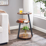 BEWISHOME Round End Table Side Table with Metal Frame, Accent Table Nightstand Bedside Table with 3-Tier Shelves for Living Room Bedroom Couch Small Coffee Table Rustic Brown KTZ41Z BEWISHOME