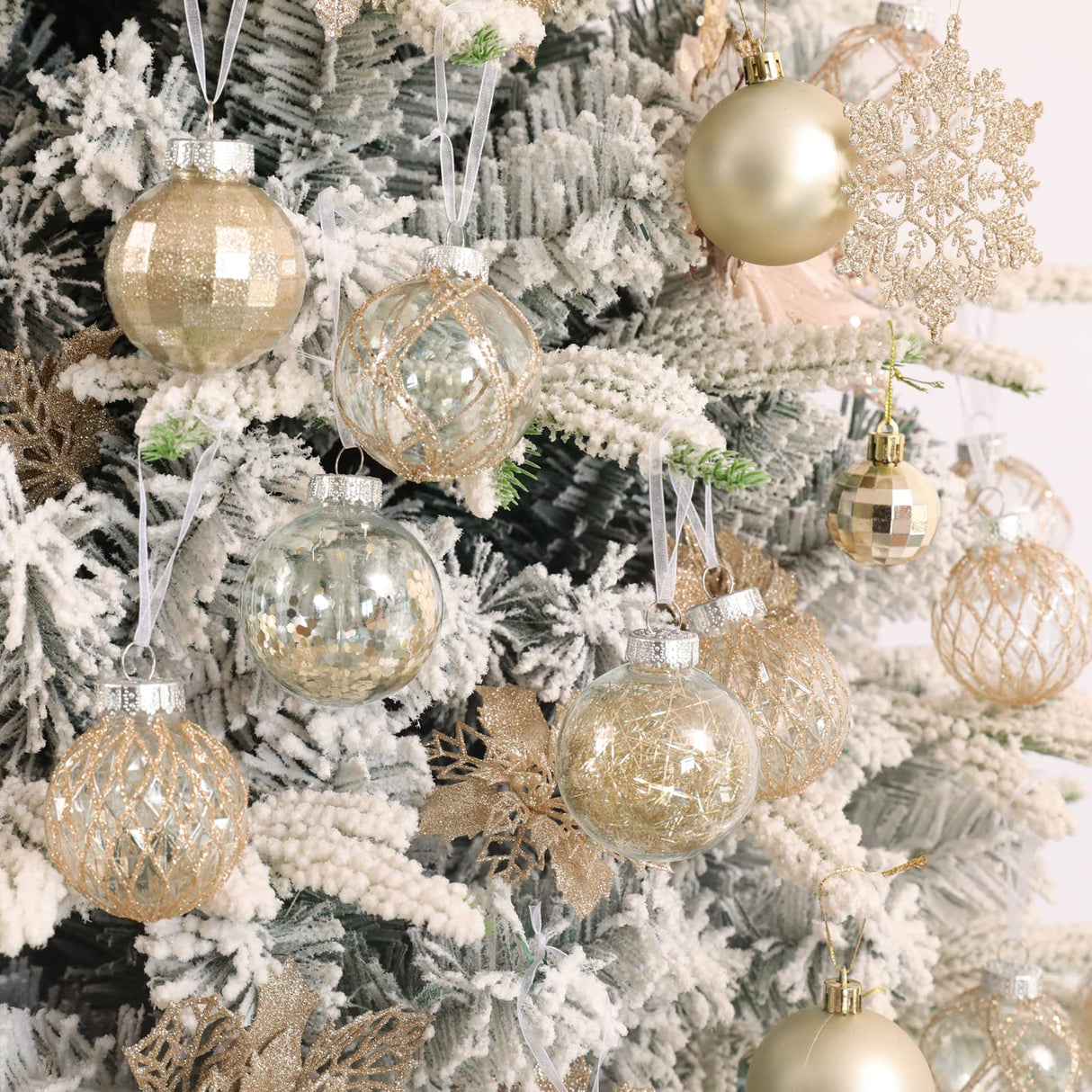 CristBest 30ct Christmas Ball Ornaments-60mm/2.36" Shatterproof Clear Plastic Xmas Balls Baubles Set with Stuffed Delicate Sparkling, Hanging Christmas Tree Decorations (Champagne Gold) CristBest