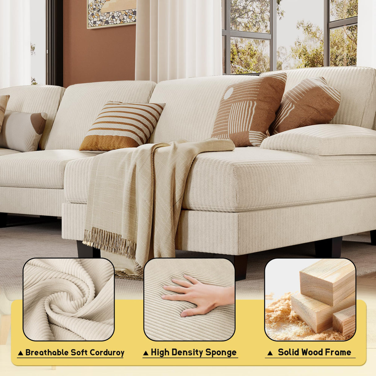 JUMMICO Sectional Couches for Living Room, U Shaped Couch with Chenille Fabric, 4 Seat Modern Sofa with Removable Pillows for Apartment and Small Space (Corduroy, Beige) JUMMICO