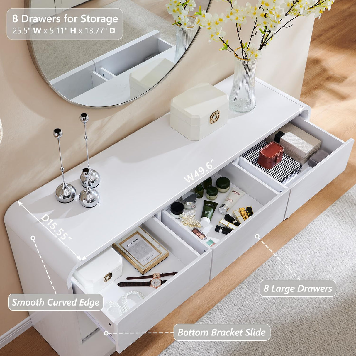 Aitjunz Modern 8 Drawers Dresser for Bedroom, 55" Wide Dressers & Chest of Drawers w/Curved Profile Design, Wood Mid Century Storage Dressers Organizer for Bedroom, Living Room, White Aitjunz