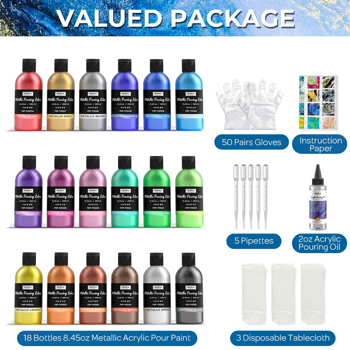 Nicpro 18 Colors 8.45oz Metallic Acrylic Pour Paint Supplies Kit, Large Volume Ready to Pour Premixed High Flow Pouring Paint Set with Silicone Pouring Oil, Gloves, Instructions for Beginner DIY Nicpro